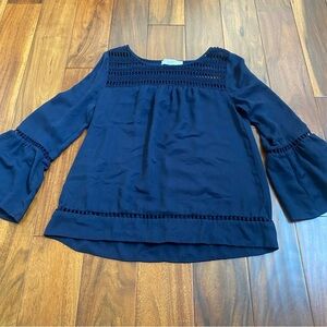 Ann Taylor Loft Blouse Women’s   Navy Blue Bell Sleeve top Dressy Holiday Small